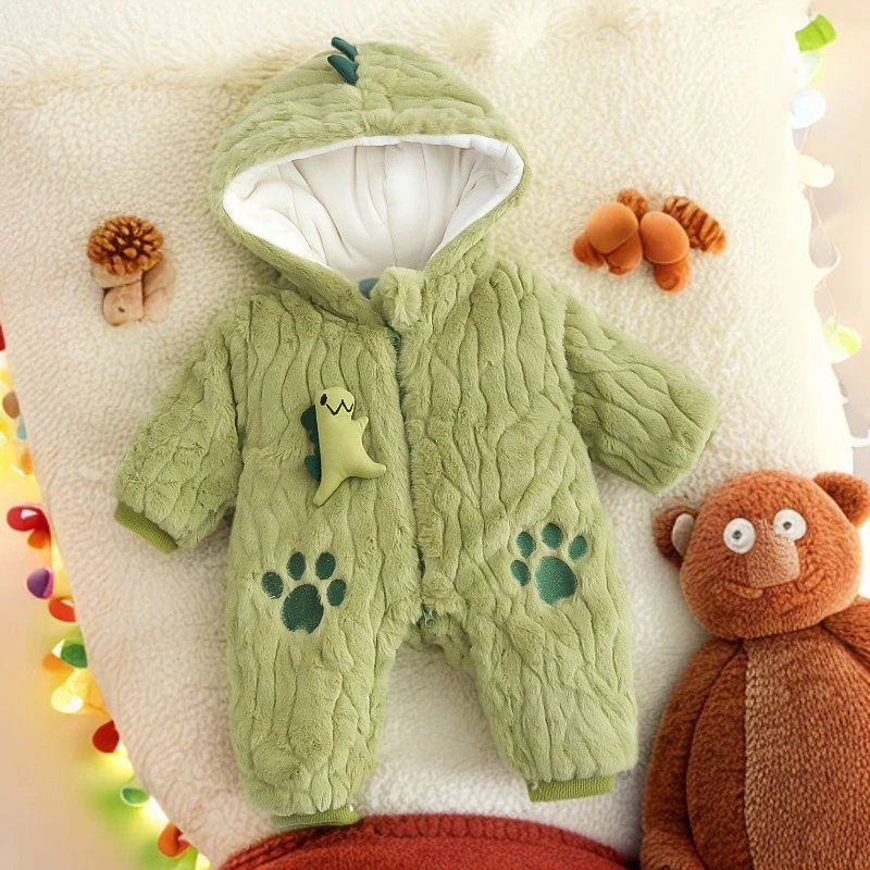 秋冬季婴幼儿男女宝宝加绒卡通哈衣可爱恐龙外出爬服婴幼儿连体衣