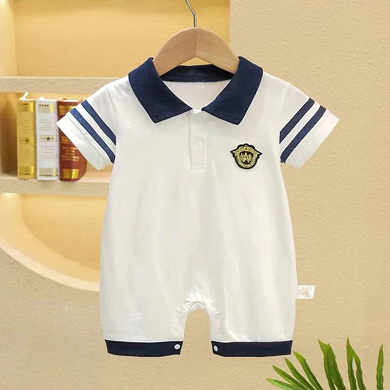 婴幼儿连体学院风新生儿男童翻领婴儿透气爬服POLO衫短袖潮酷哈衣