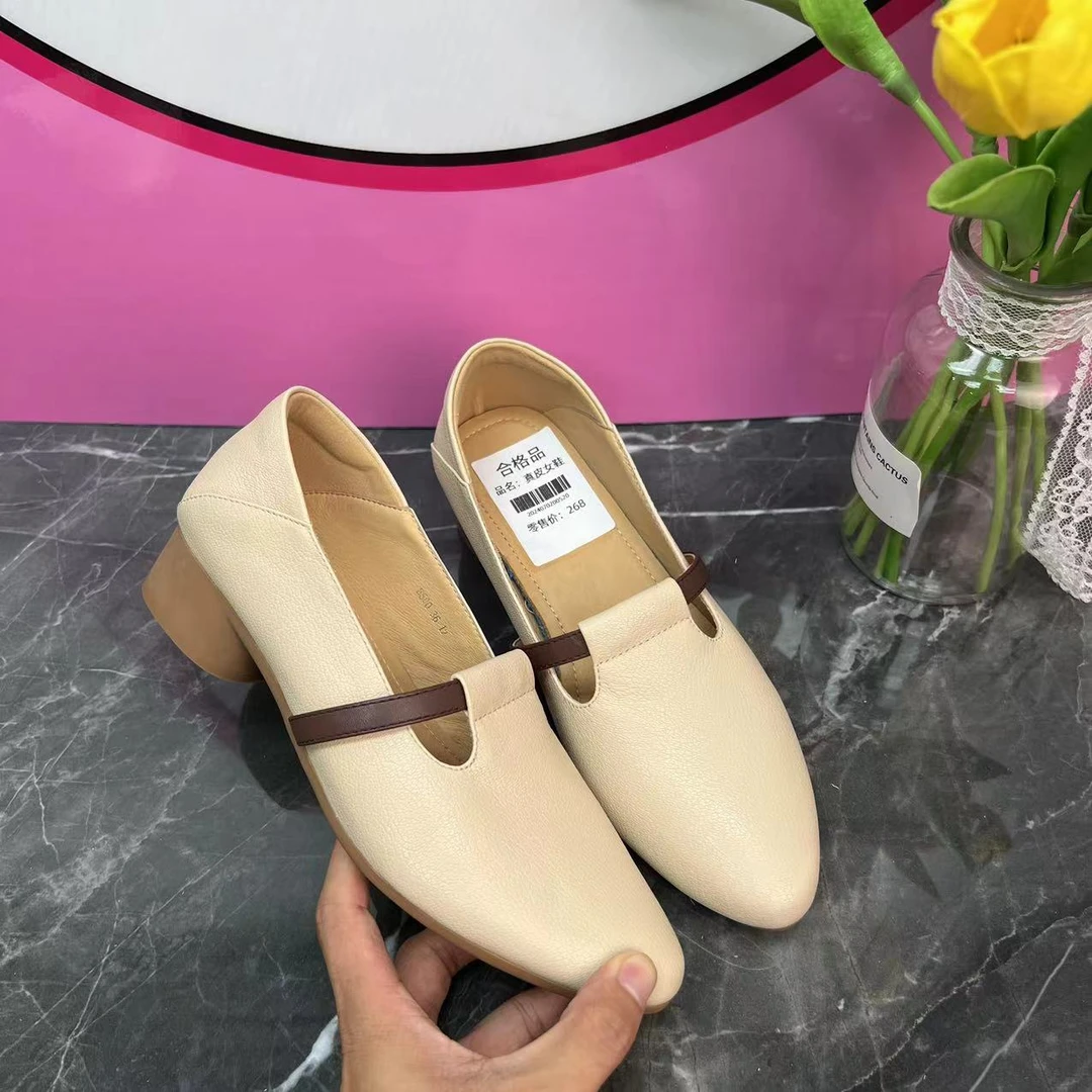 刚刚1号2024秋季新款单鞋女复古软皮通勤脚蹬拼色中口圆头皮鞋