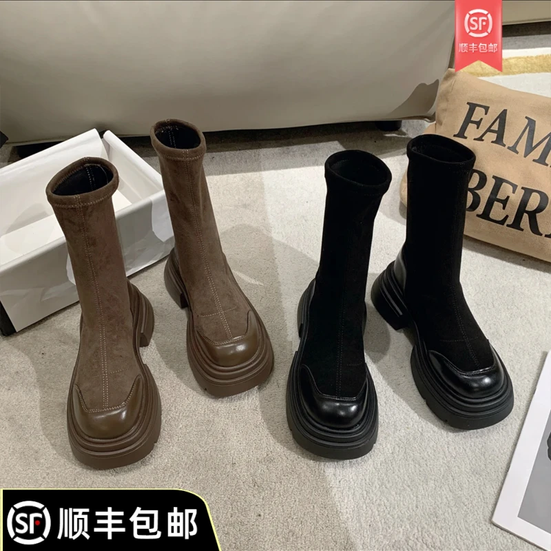 红蜻蜓牌显瘦马丁靴女2023秋季新款时尚百搭厚底弹力瘦瘦靴短靴洋