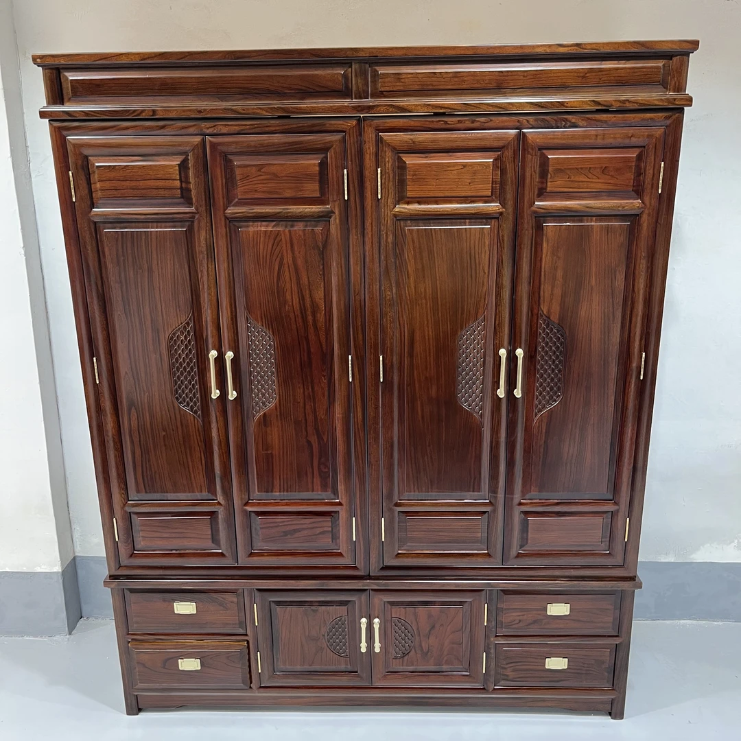 榆木新中式水波纹组合大衣柜新古典衣橱柜子客厅家用大容量木质