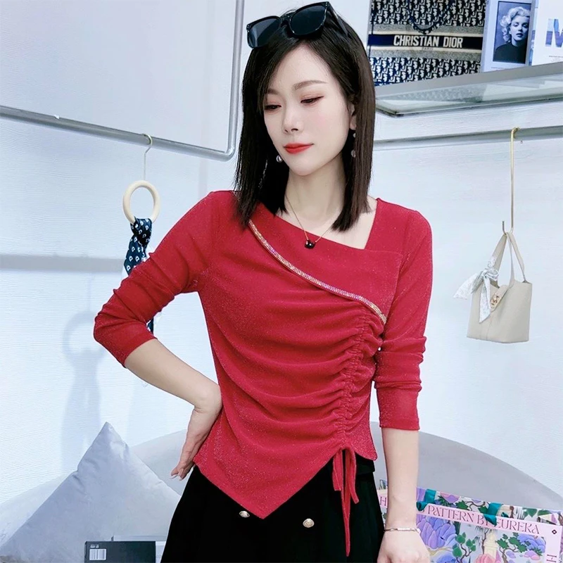 不规则系带抽褶长袖T恤女2025秋季新款设计感小众斜领别致上衣潮