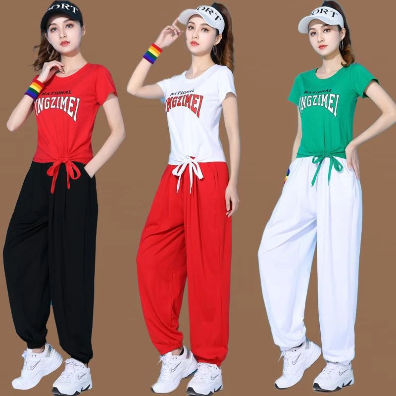 夏季广场舞服装新款运动套装杨丽萍跳健身操演出服时尚系带灯笼裤