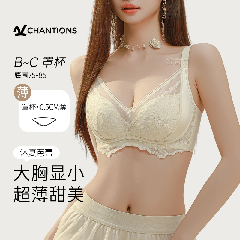 内衣女大胸显小全罩杯聚拢防下垂文胸2025性感蕾丝法式胸罩套装薄