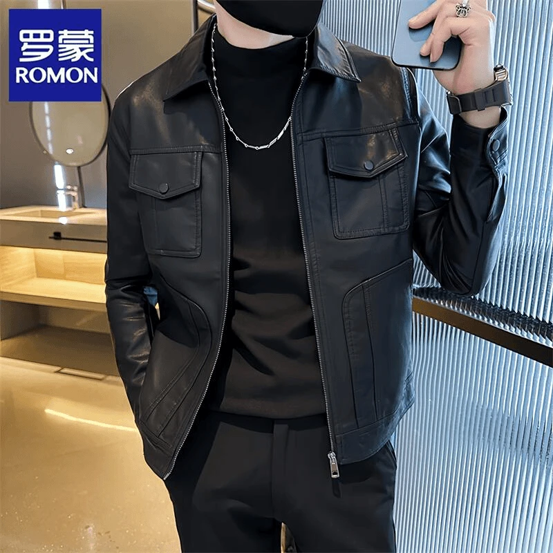 Romon/罗蒙秋冬季男士皮衣外套韩版修身高端休闲机车服皮夹克潮牌