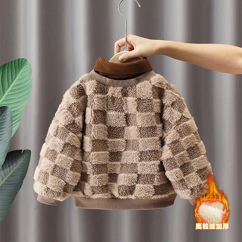 儿童加绒卫衣男童冬款毛毛衣高领套头宝宝夹棉加厚保暖秋冬装上衣