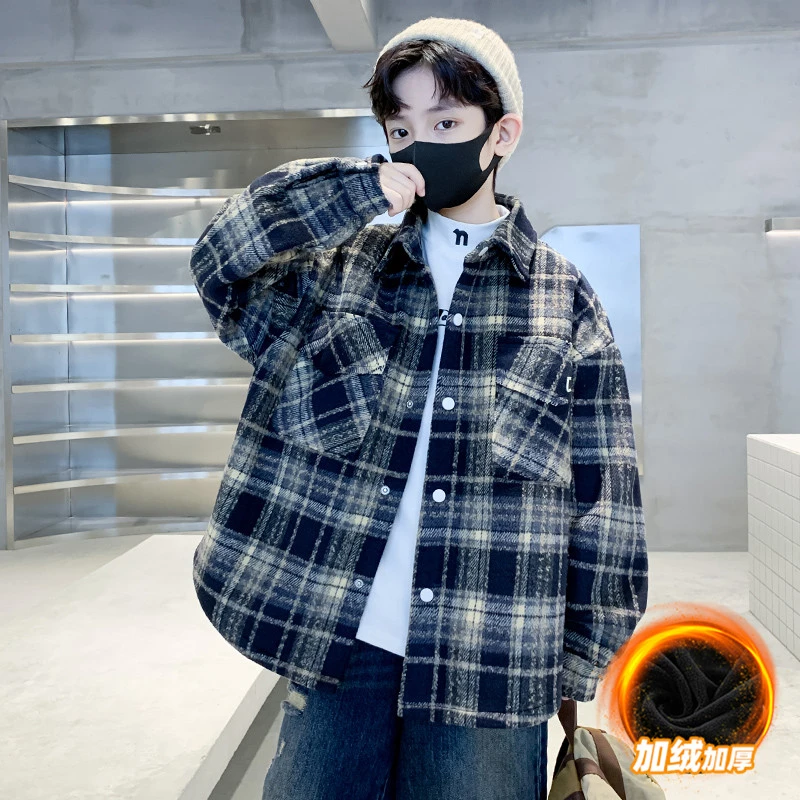 男童秋冬款加绒衬衫中大童帅气格子加厚衬衫冬装外套洋气休闲