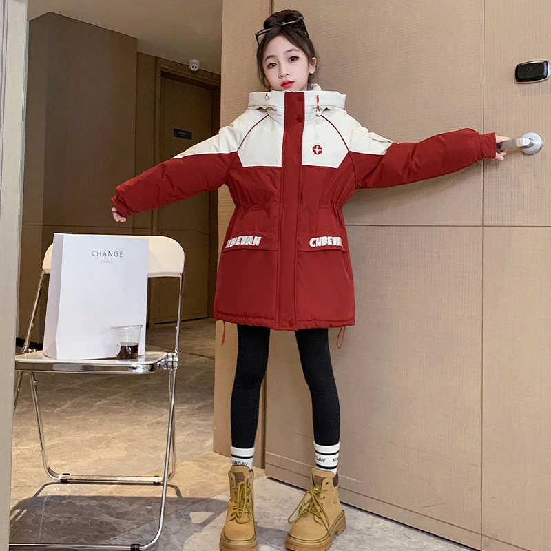 女童冬季时尚撞色派克服中长款加绒保暖外套儿童服装冬装童装洋气