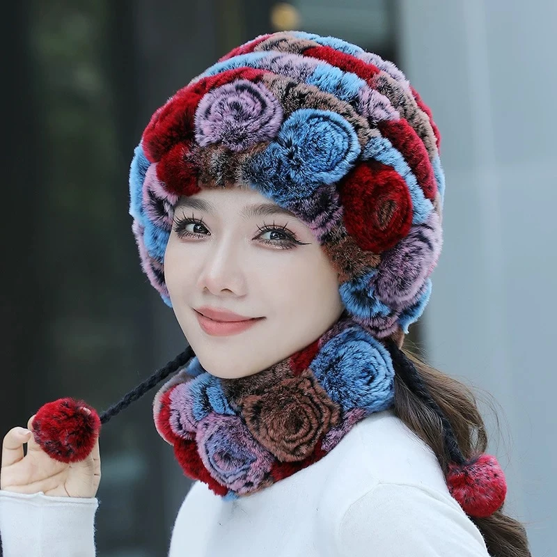 冬季百搭新款女士獭兔皮毛编织帽保暖护耳加厚时尚双球帽防风防寒