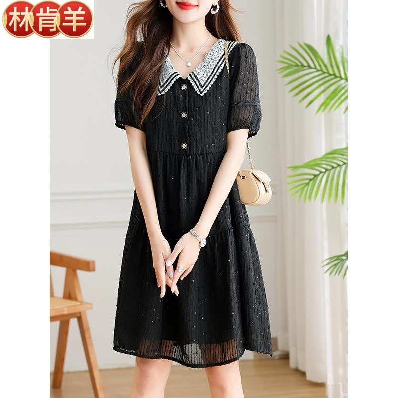 娃娃领短袖雪纺连衣裙女夏季2024新款气质高端显瘦长裙子宽松洋气