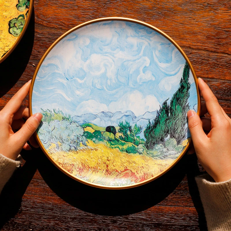 梵高油画装饰盘子美式陶瓷摆件赏盘客厅电视柜向日葵复古莫奈摆盘