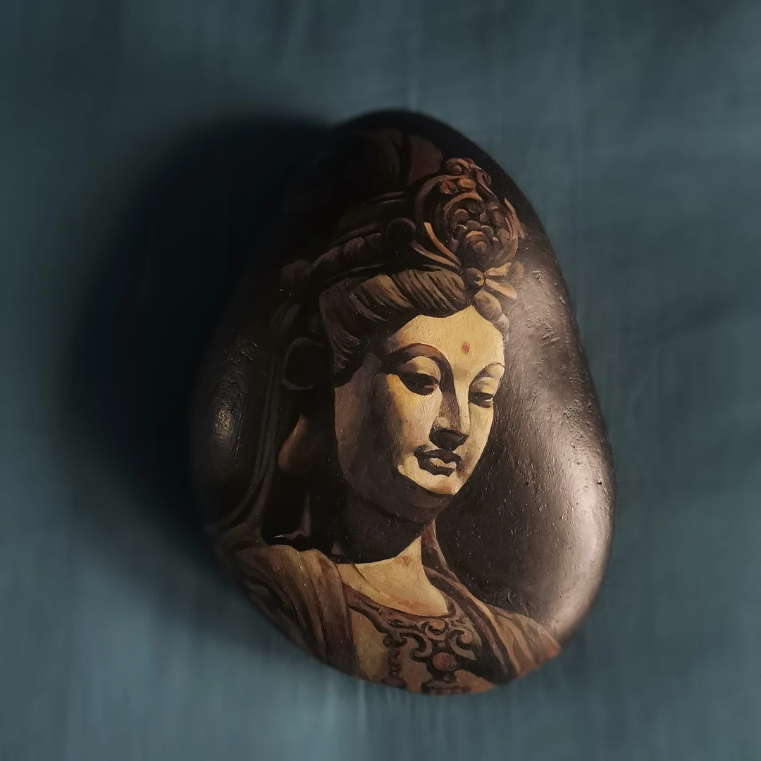 石头画 观音头像，祈福，吉祥如意，纯手工，创意，装饰摆件，手绘