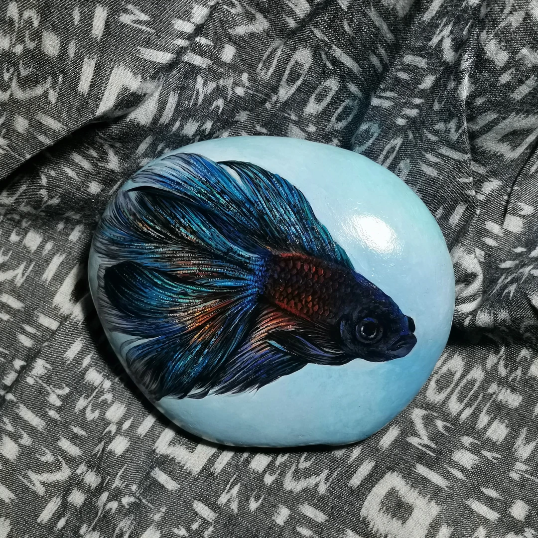 斗鱼 黑珍珠 精美 纯手工 石头画，手绘 创意 装饰 摆件 饰品