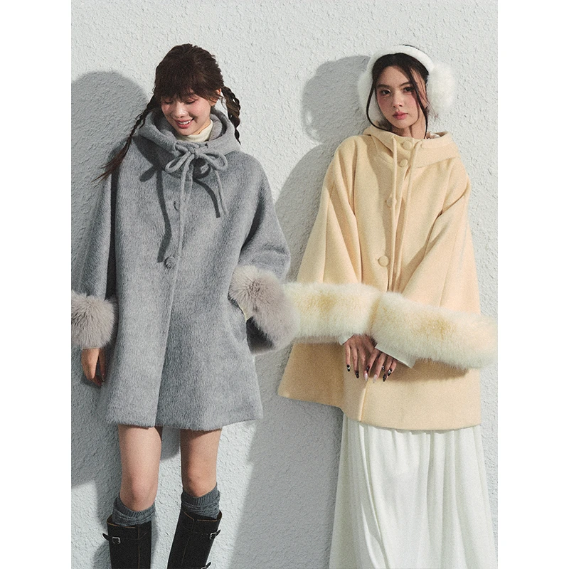 RECOIN R1C黄色灰色双色毛袖口连帽斗篷大衣45RSD01