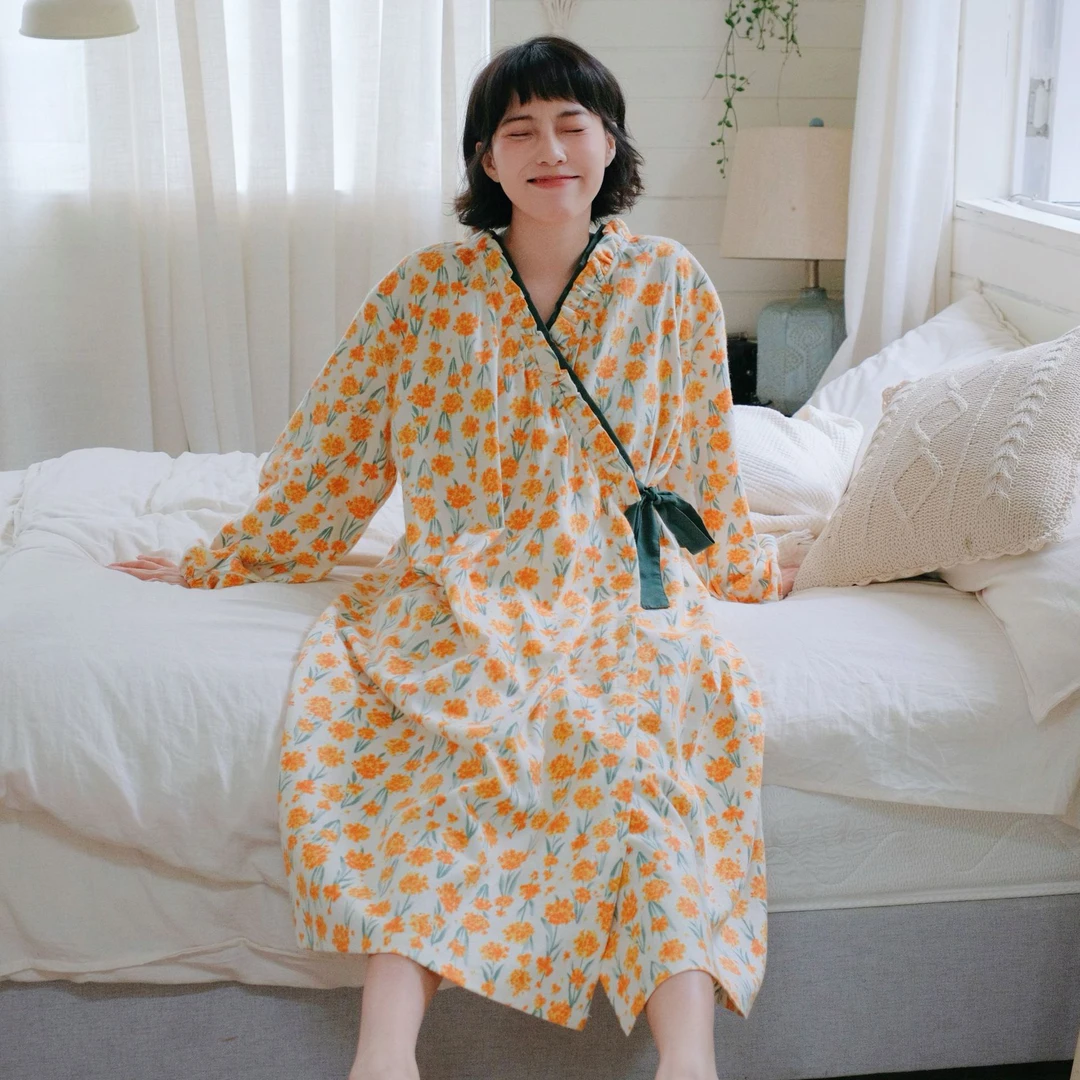2024年新款亲肤磨毛纯棉睡裙女长袖国风睡袍交襟睡衣全棉家居服