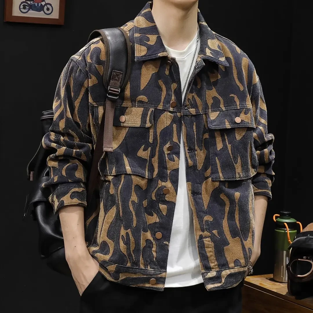 字母提花牛仔外套男春秋男装多口袋大码男士夹克休闲上衣2024新款