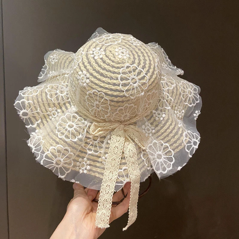 女宝宝遮阳帽女童帽子夏季儿童洋气大帽檐蕾丝渔夫帽夏天防晒太阳
