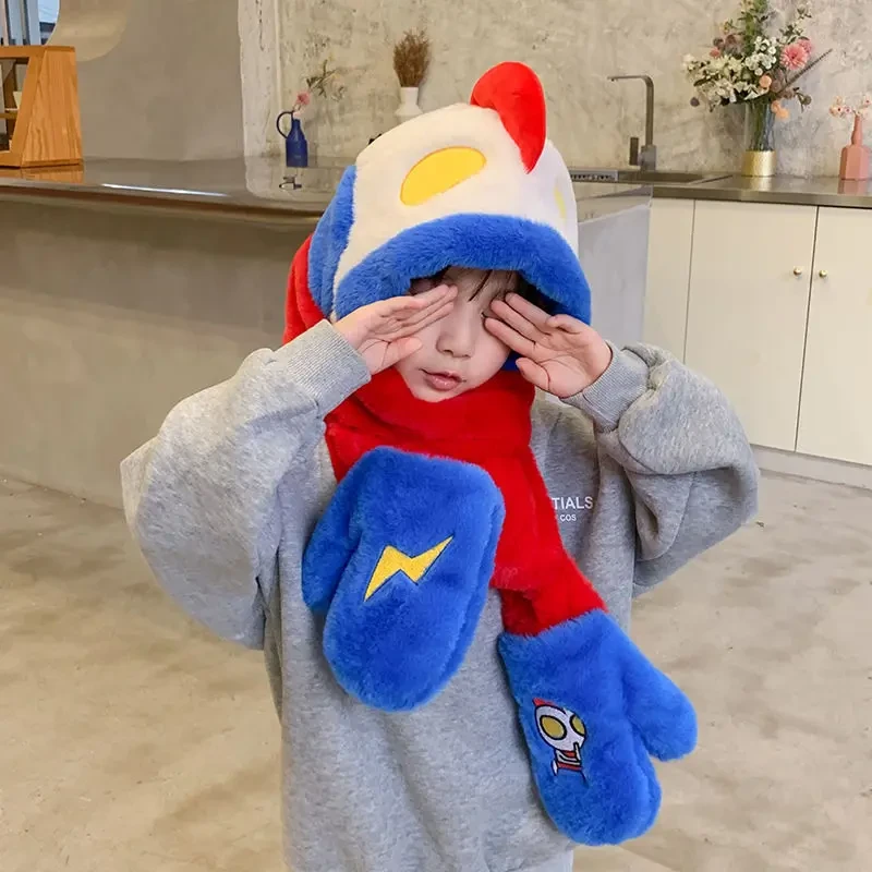 儿童帽子围巾手套三件套一体冬季奥特曼男女宝宝加绒加厚保暖围脖