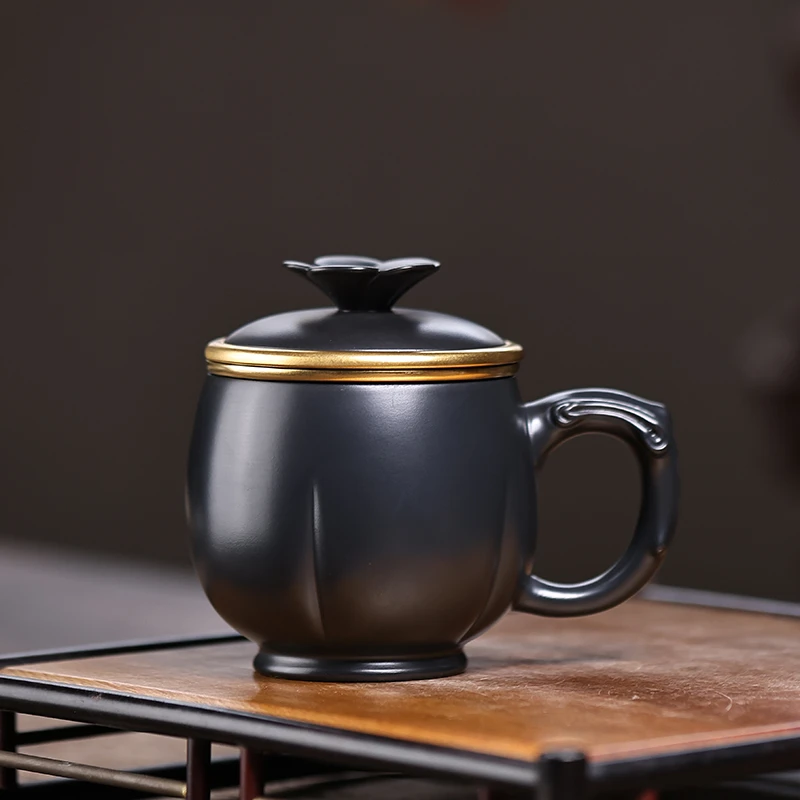 紫砂杯宜兴朱泥捂灰鎏金内胆过滤茶水分离女士家用办公泡茶杯