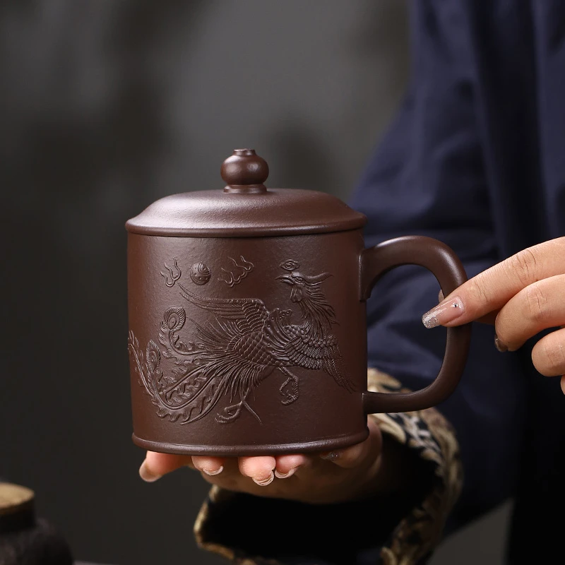 宜兴紫砂杯大容量带盖纯手工家用女士高档茶水杯紫泥凤杯办公茶具