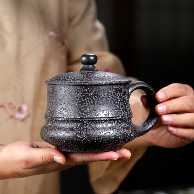 宜兴紫砂杯石黄百福杯男士泡茶大容量办公杯带盖杯子高档刻绘茶具