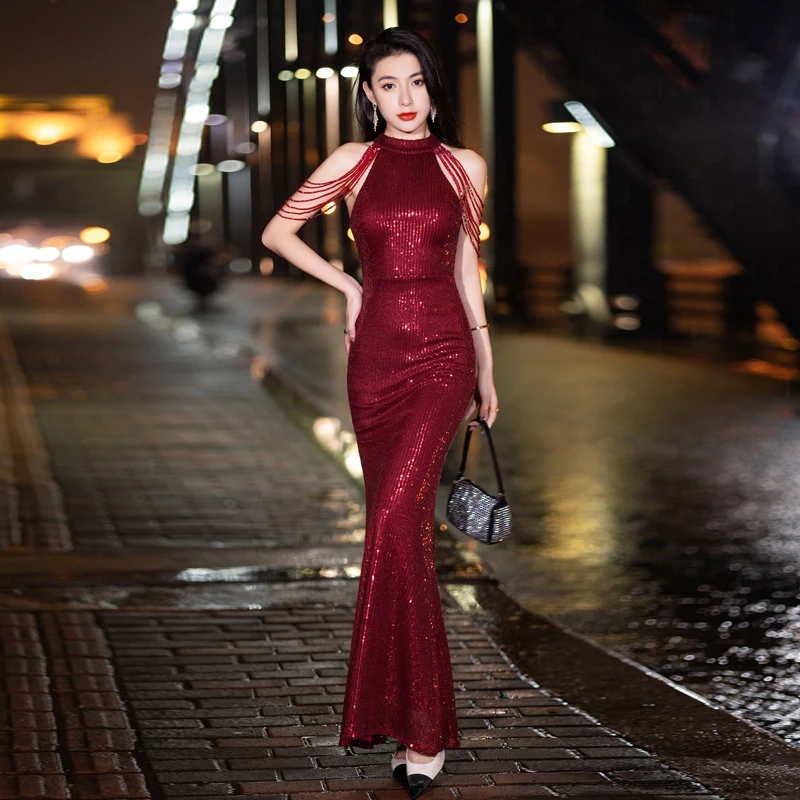 晚礼服女新娘宴会主持人婚宴显瘦气质鱼尾性感亮片敬酒服连衣裙