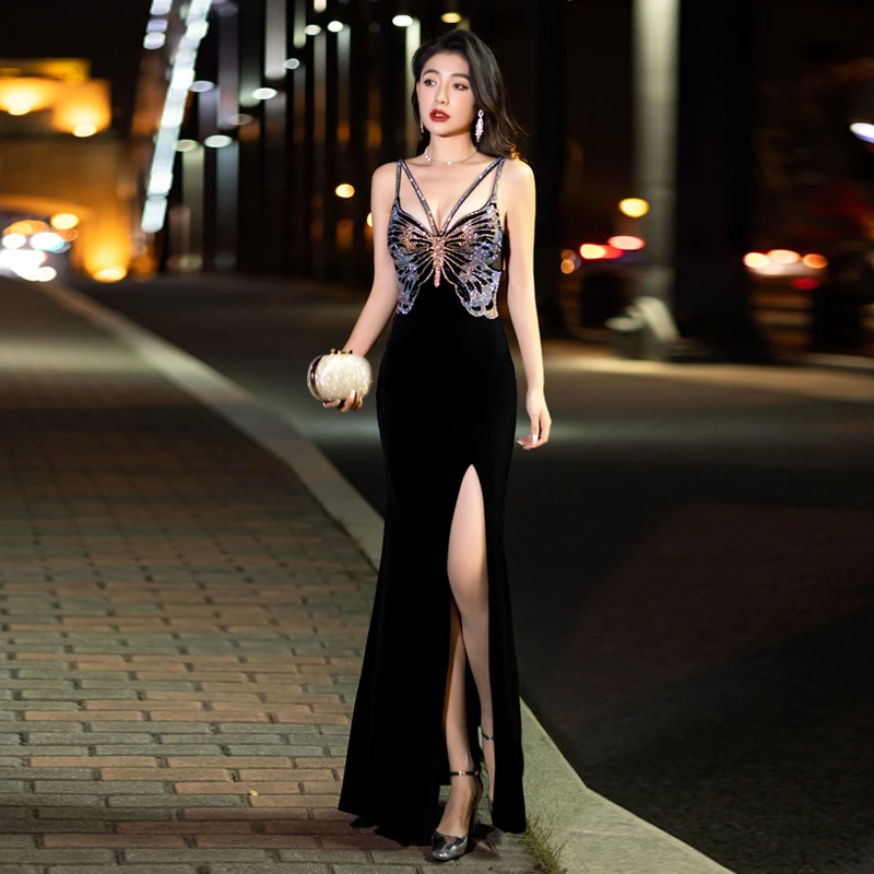 黑色吊带气质丝绒高级感烫钻宴会小众主持人年会鱼尾开叉连衣裙
