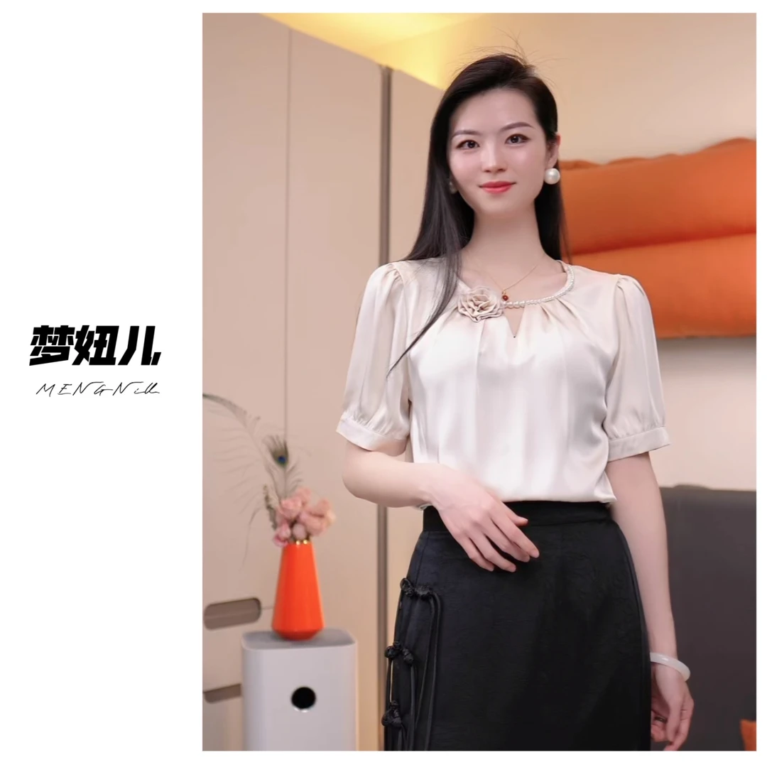 浪漫玫瑰之约短袖衬衫时尚气质显瘦法式高档上衣女 66803