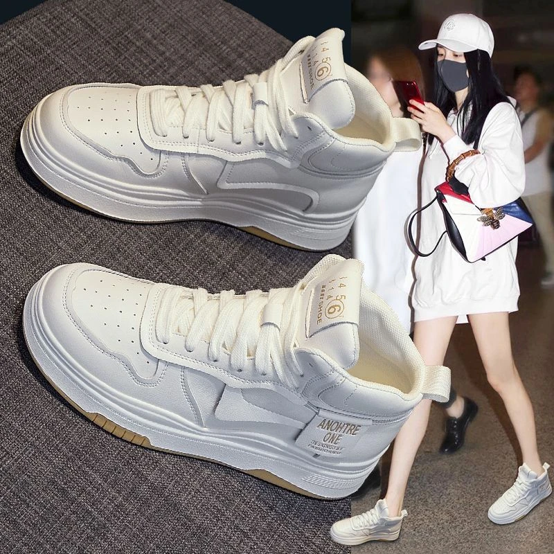 潮牌高帮鞋女鞋2023春秋新款小白鞋厚底百搭休闲运动加绒