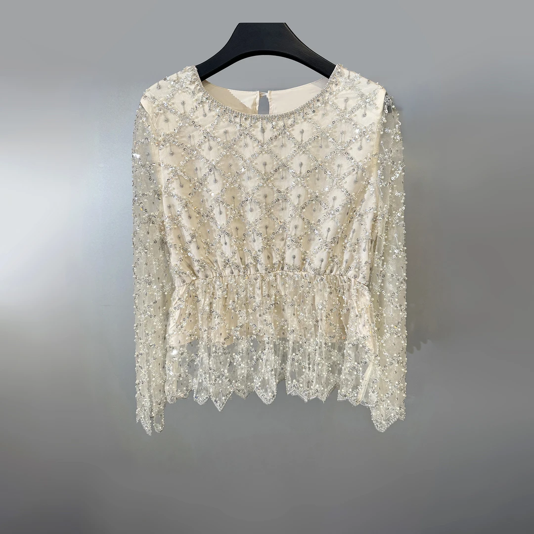 【少女诗】春夏新款女装重工亮片设计师圆领上衣气质女神长袖外套