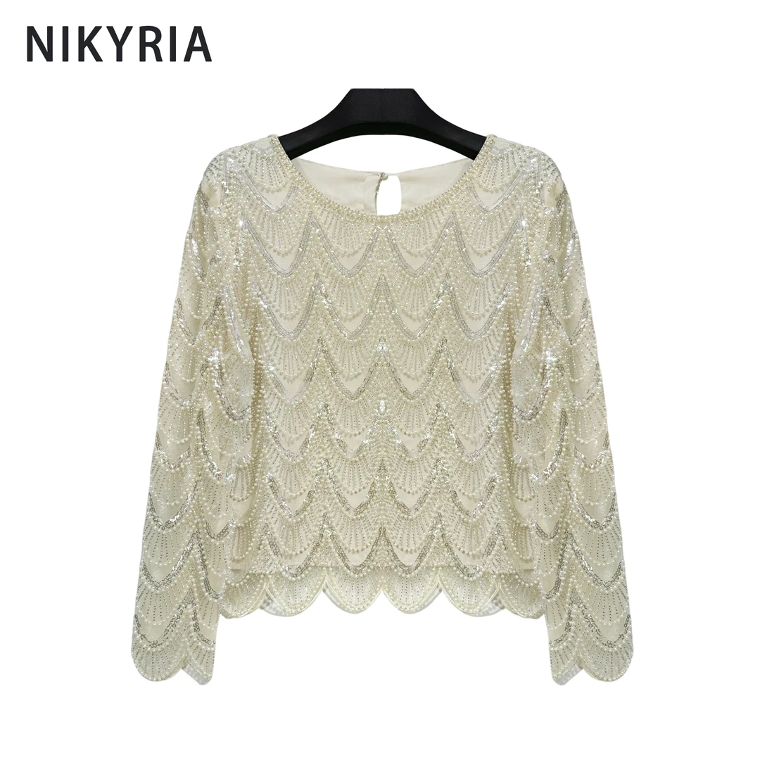 【潮汐裳】小众重工镶钻法式小香风新款长袖亮片蕾丝钉珠上衣