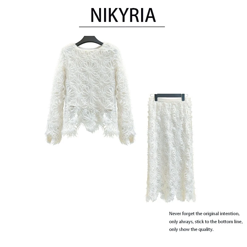 【梦里昙花】DL蕾丝镂空钩花上衣两件套气质女神修身显瘦半身裙套装