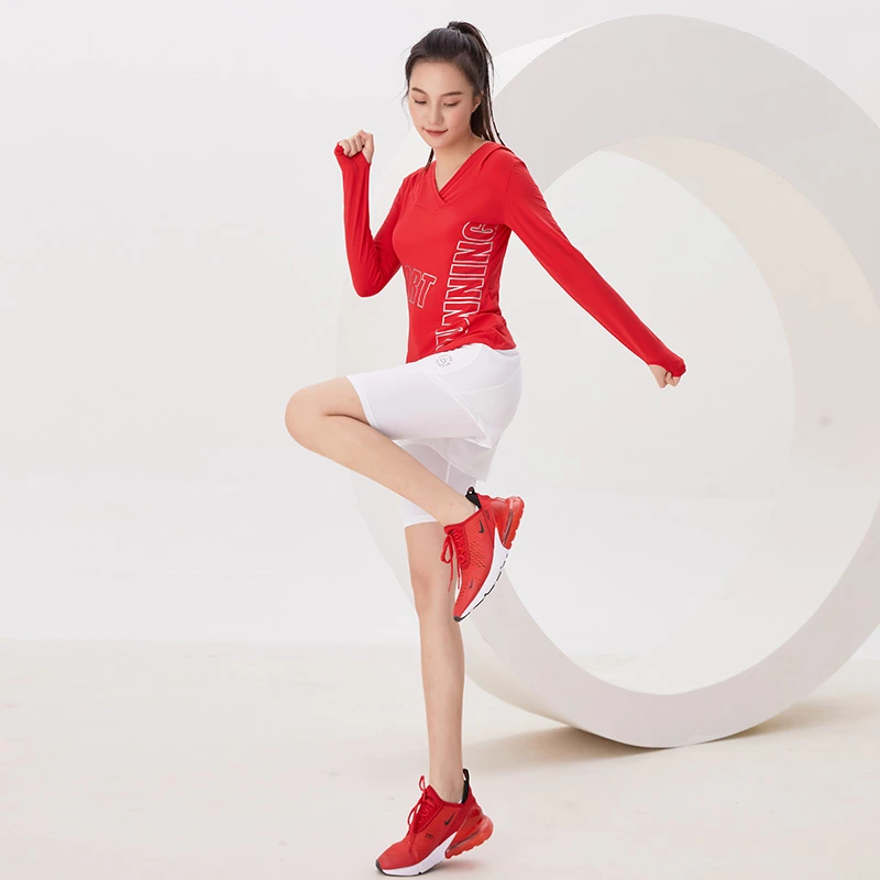 【七七视频同款】专业跑步服轻薄透气健身连帽女装修身V领连帽长袖