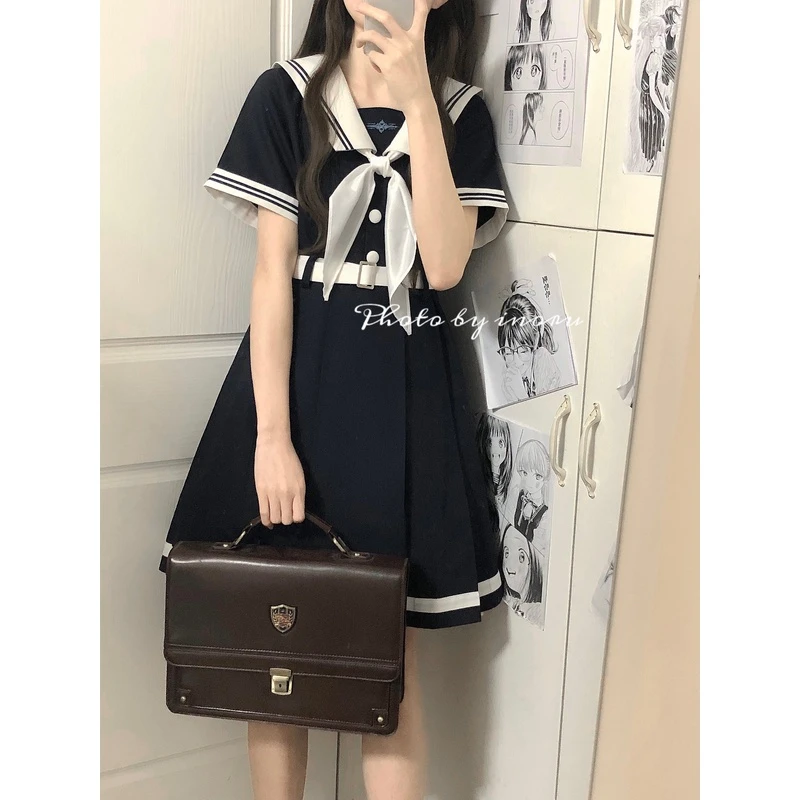 秋柚语夏季【澜帆高校】原创JK制服绀色银灰色水手服连衣裙盛夏服女