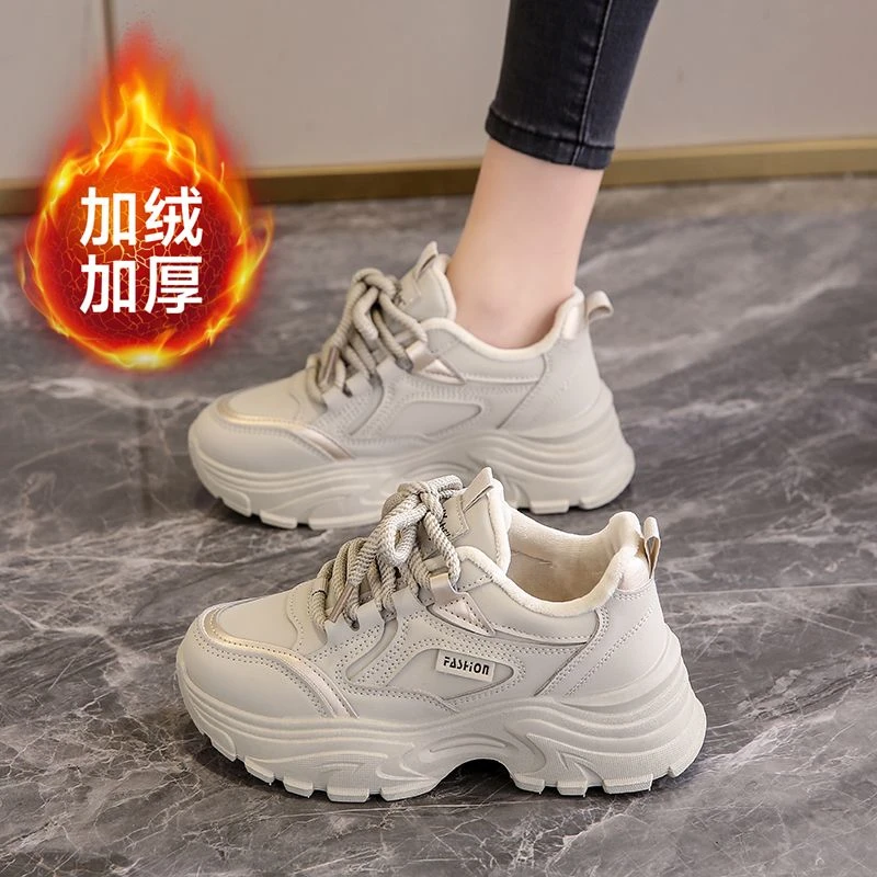 时尚厚底老爹鞋女加绒棉鞋爆款秋冬2023新款皮面防水运动休闲鞋