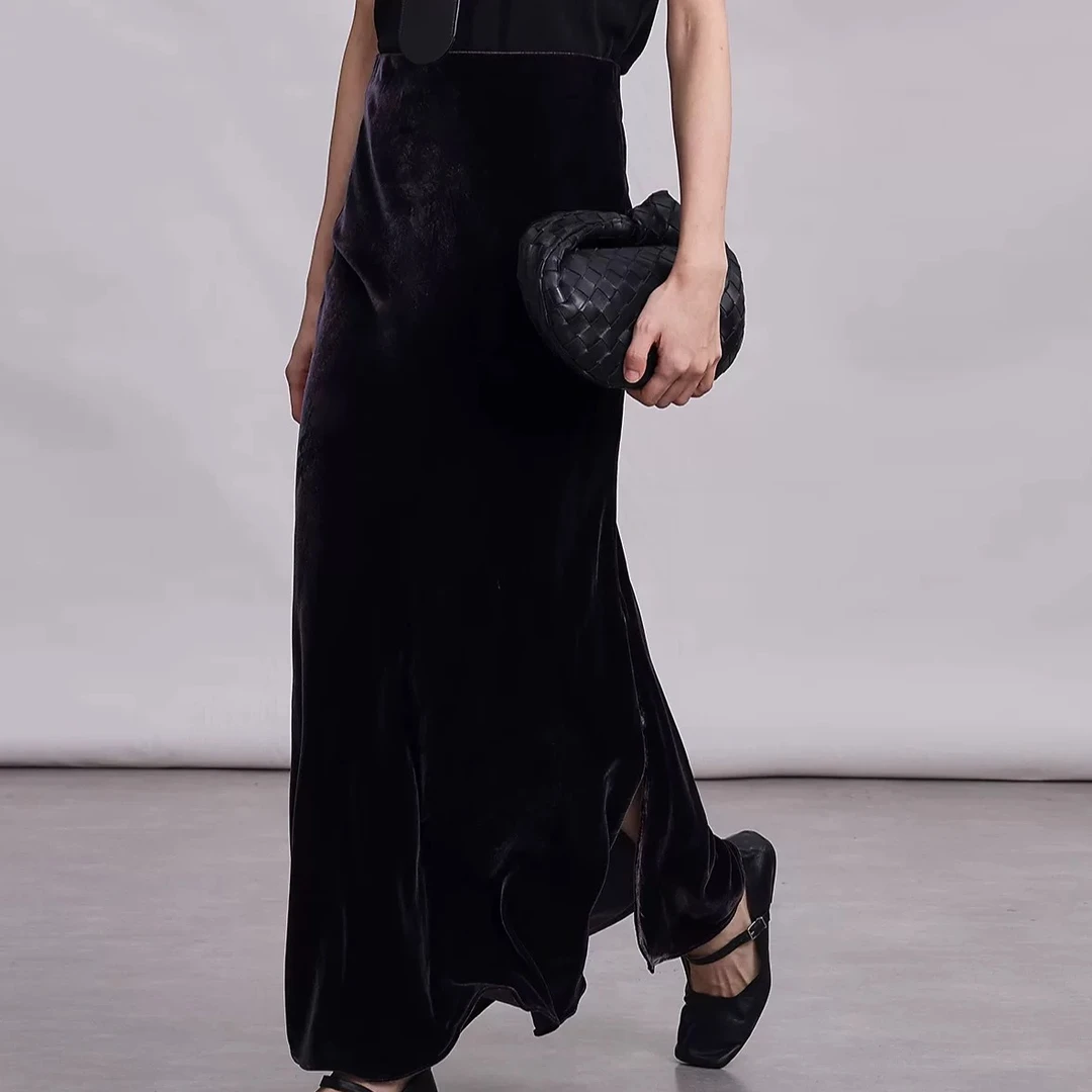 长款100桑蚕丝丝绒斜纹裁剪半裙显瘦气质开叉中长款修身性感时尚
