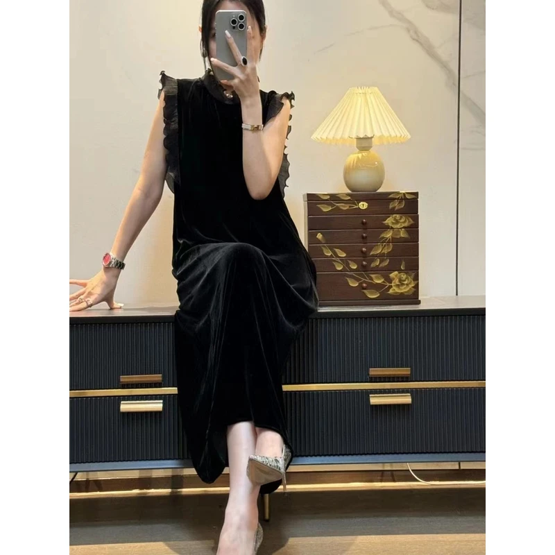 真丝丝绒桑蚕丝连衣裙显瘦气质时尚名媛夏季宫廷风荷叶边黑色