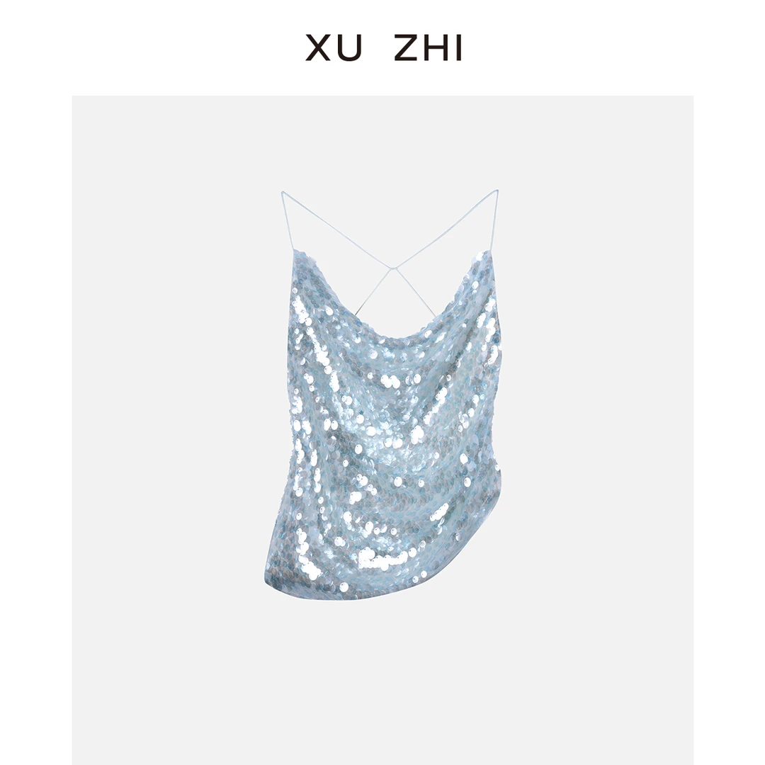 【朱迪专属】XUZHI2024秋新品珠片刺绣荡领露背吊带