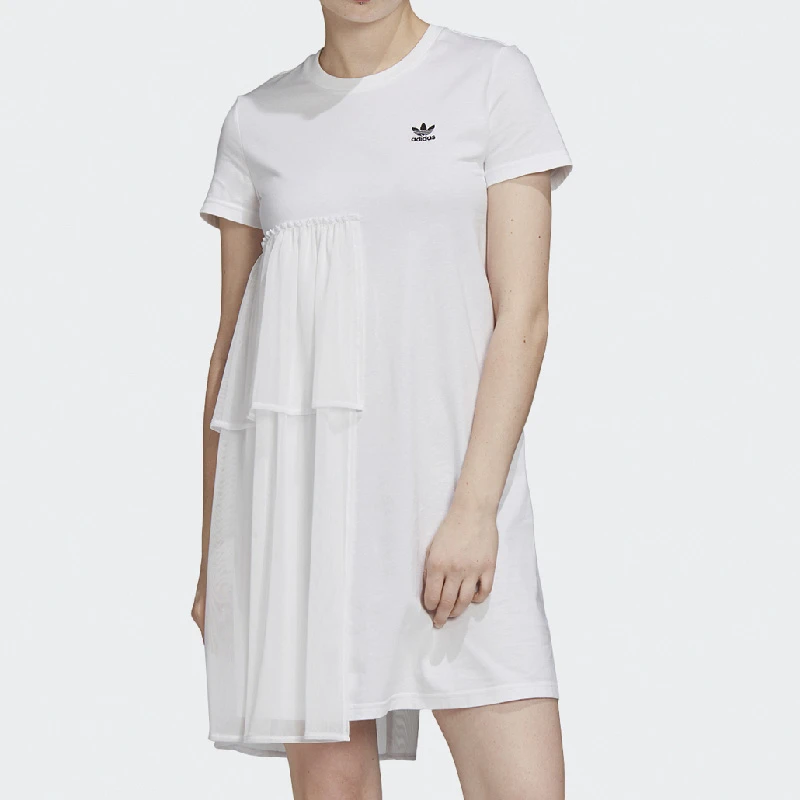 adidas originals三叶草圆领短袖网纱拼接连衣裙女白色 GK3664