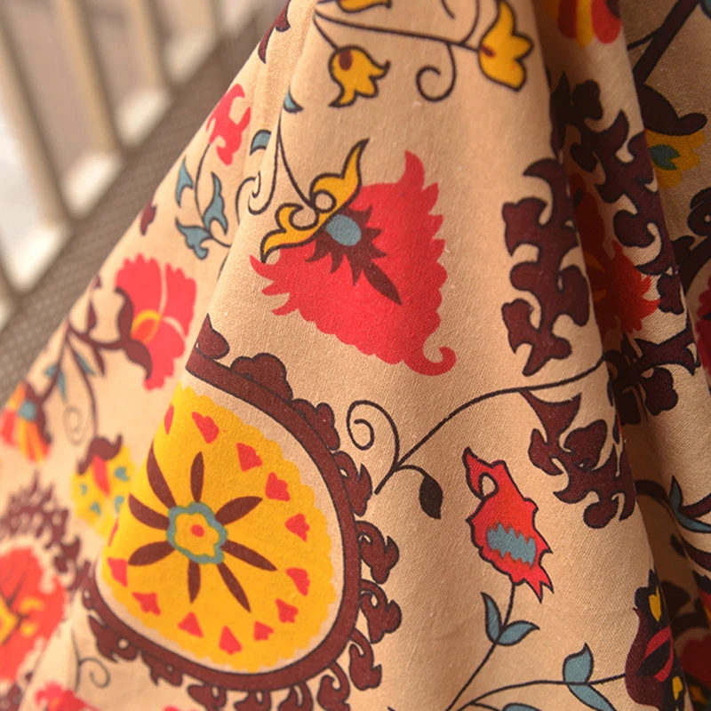 欧美风黄大花棉麻布料 长裙袍子服装桌布抱枕套沙发巾背景布面料