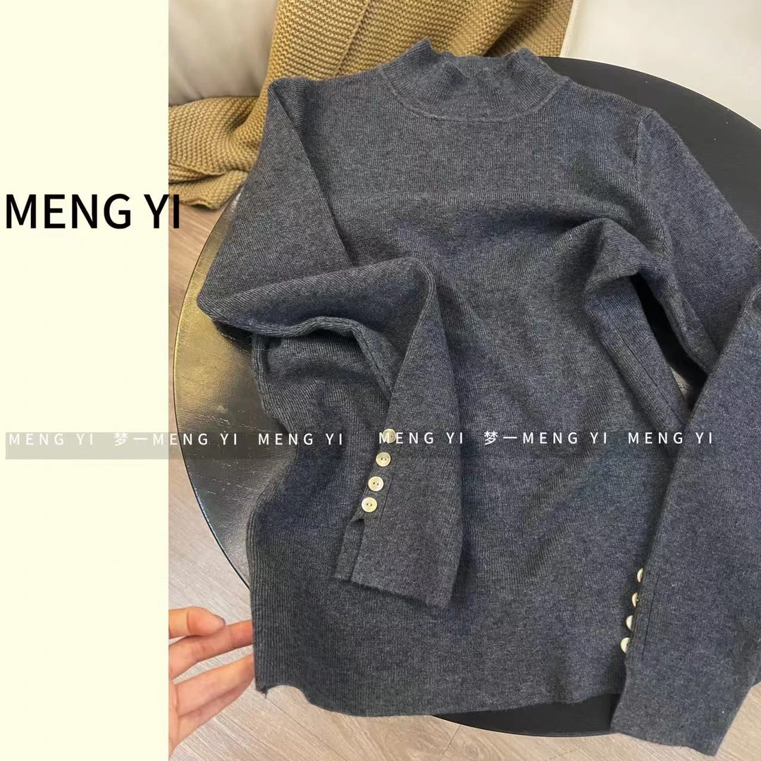 袖口带扣灰色半高领长袖打底衫my-1304-1