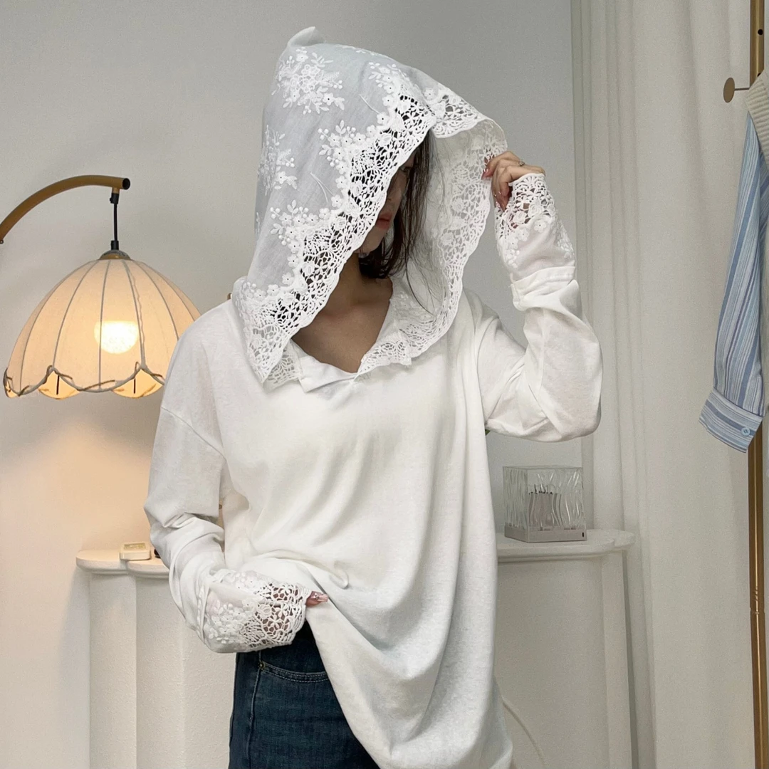 法式复古白色休闲蕾丝花边拼接宽松连帽T恤防晒百搭时尚长袖薄款
