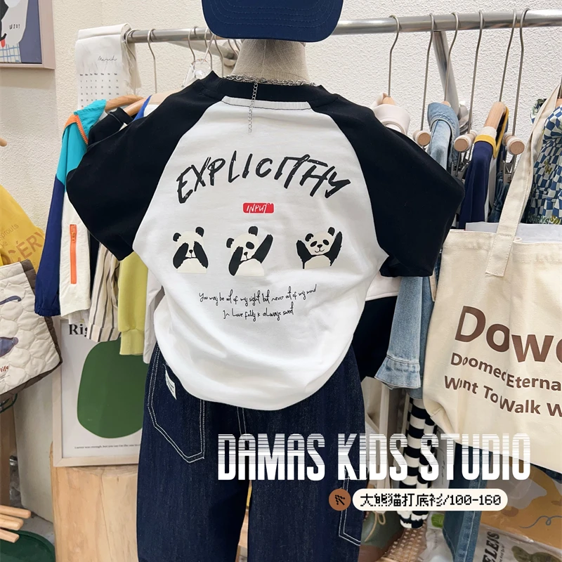 韩国儿童2024秋季新款大熊猫印花棉插肩袖长袖打底衫T恤