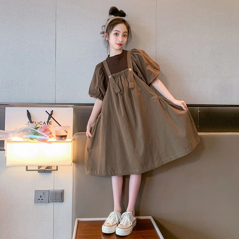 女童连衣裙夏季2023新款洋气韩版中大童泡泡袖小女孩背带裙两件套
