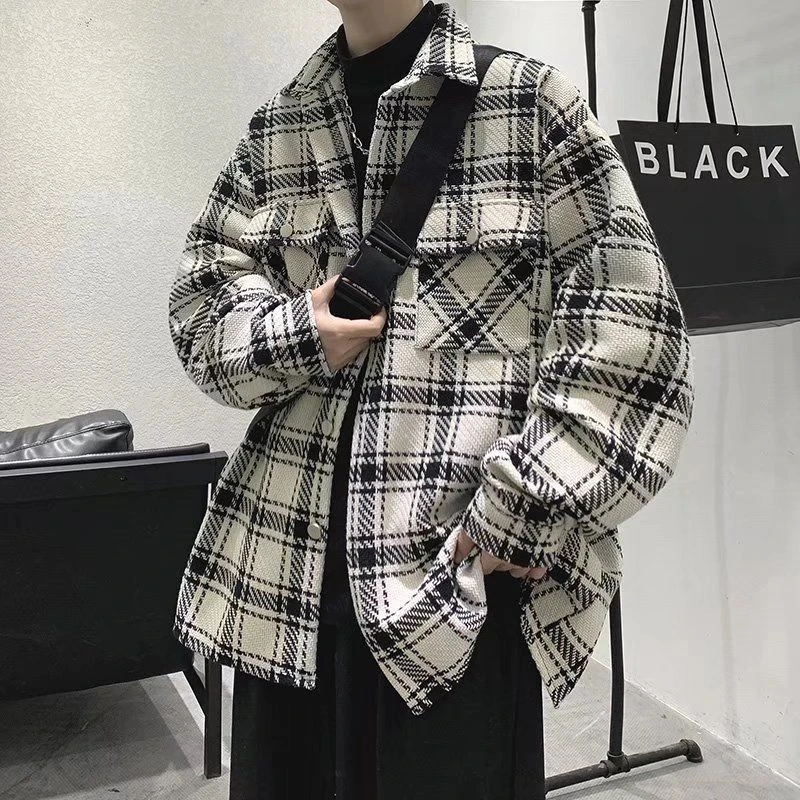 毛呢格子衬衫外套男港风春秋季新款潮流休闲大码宽松百搭帅气衬衣