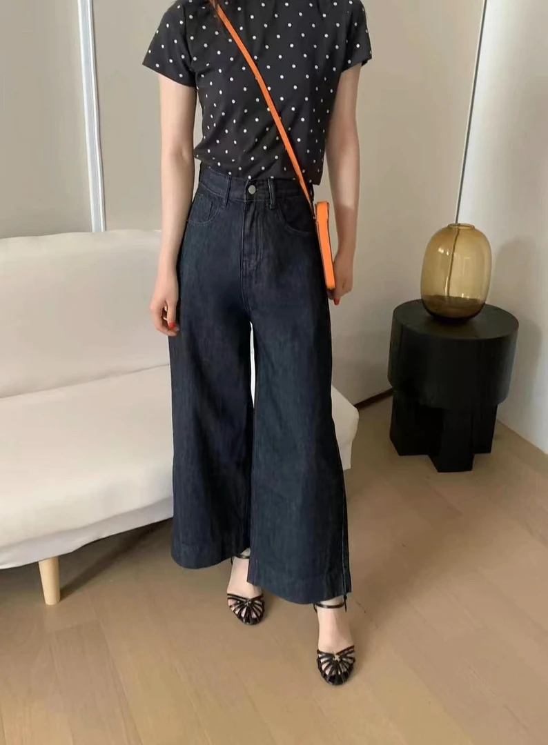 特价新卡蔓诗春秋新款阔腿牛仔裤女士时尚百搭直筒阔裤女