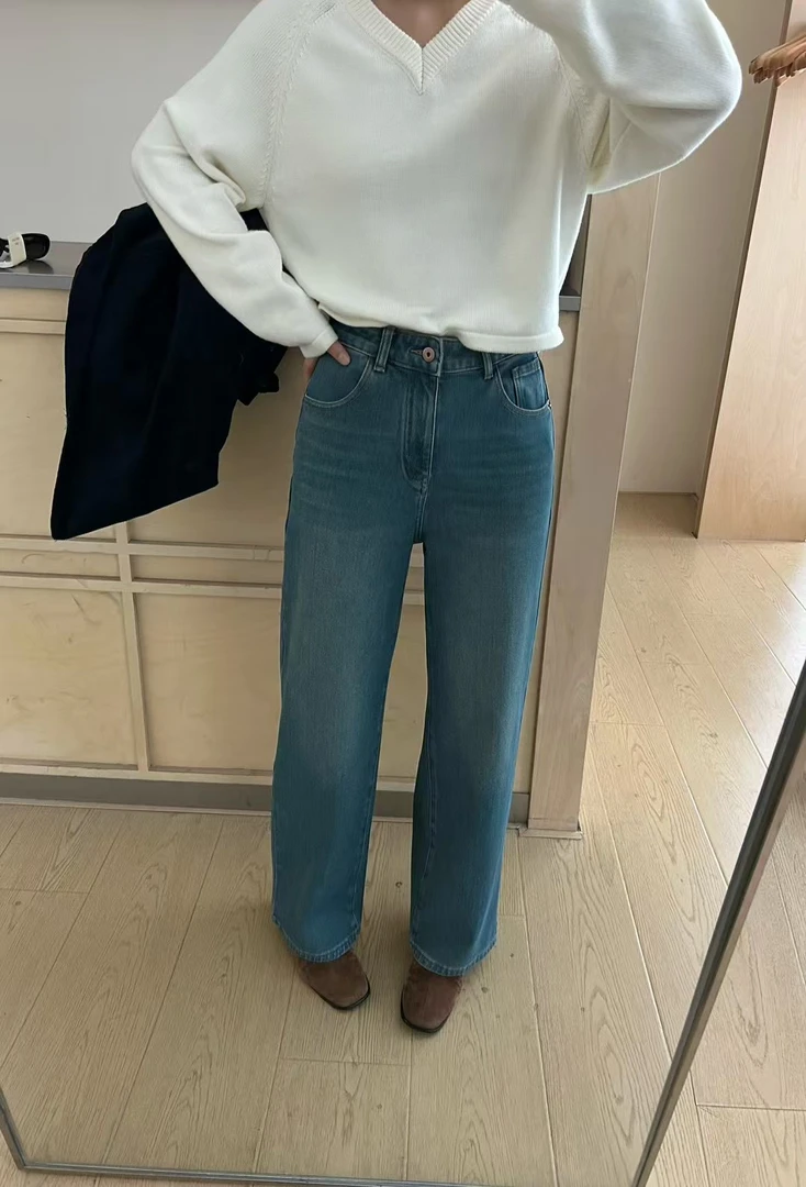 特价GL韩版四面弹高腰直筒牛仔裤女冬款植绒显瘦窄版小个子九分裤