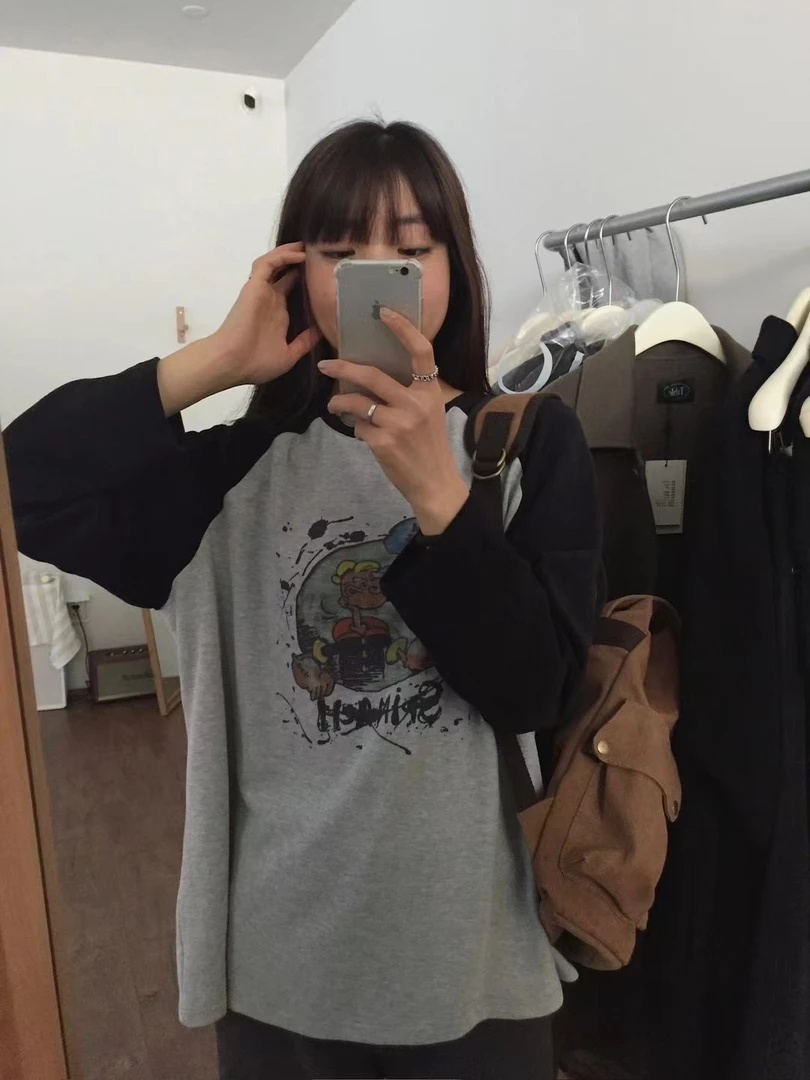 TABLE韩版印花女T恤女休闲春季新款宽松洋气卡通圆领长袖T恤