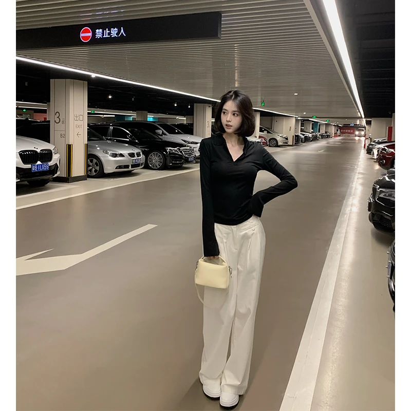 【海盐白沙】白色韩系简约休闲宽松高腰阔腿裤显高显瘦时髦拖地长裤
