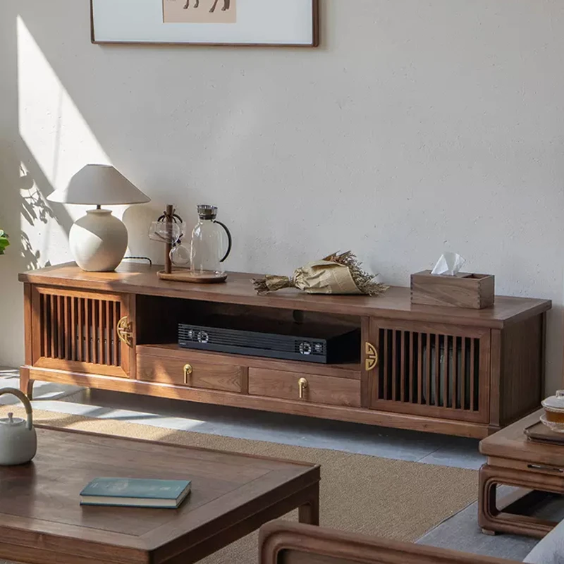 新中式原木色家用电视柜北美黑胡桃木实木客厅地柜原木可定制尺寸